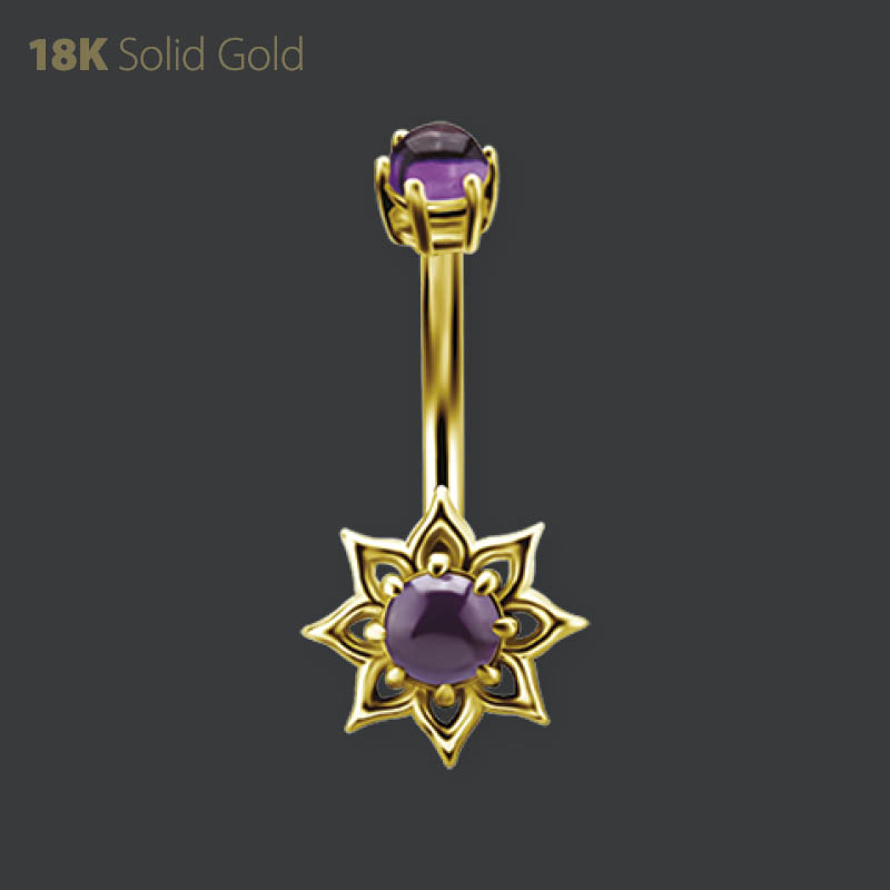 18K GOLD INTERNAL BELLY BANANA SET W. GENUINE DARK AMETHYST