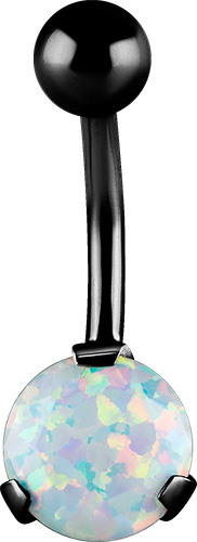 BLACK PVD SS316L BELLY BANANA WITH ROUND LAB CREATED OPAL (DIAMOND CUT/PRONG SET)