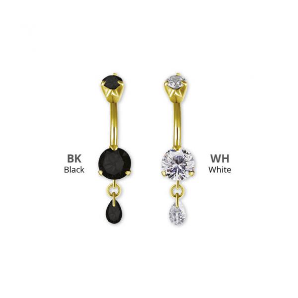 24K GOLD PVD SS316L DOUBLE JEWELLED MINI BELLY BANANA W. ZIRCONIA DROP DANGLE