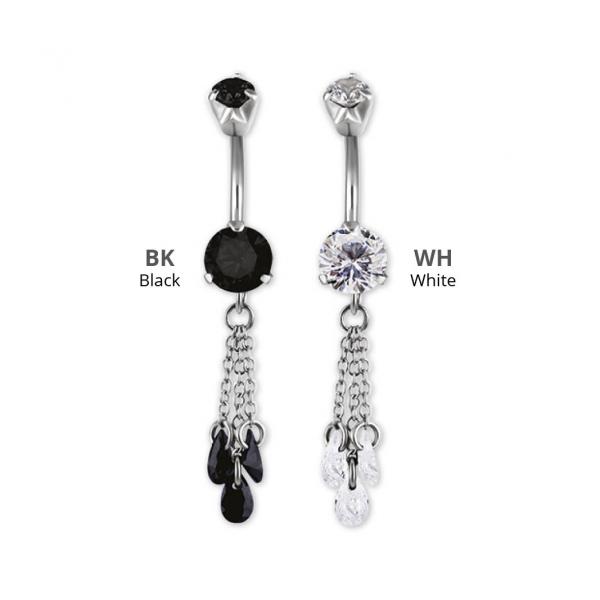 SS316L DOUBLE JEWELLED MINI BELLY BANANA W. CHAIN FLOATING ZIRCONIA DANGLE