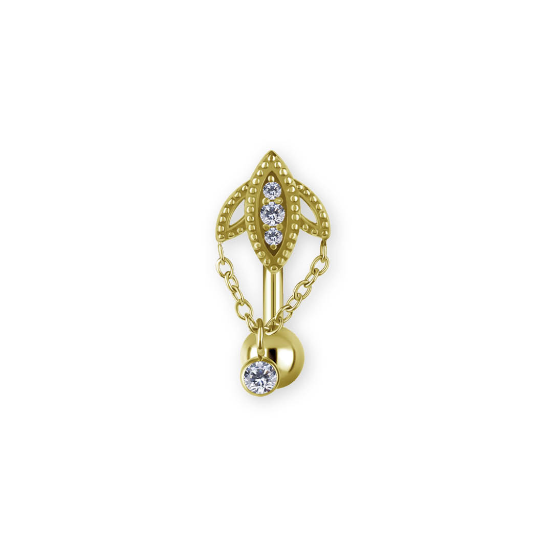 24K GOLD PVD SS316L BELLY BANANA SET W. PREMIUM ZIRCONIA AND CHAIN