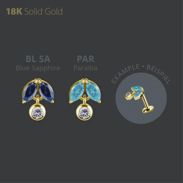 18K GOLD THREADLESS  ATTACHMENT W. DANGLE SET W. LAB CREATED GEMSTONE
