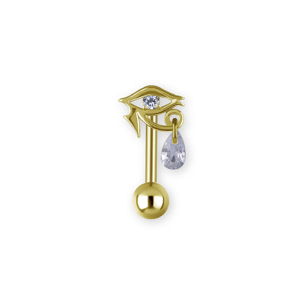 24K GOLD PVD SS316L EYE OF HORUS BELLY BANANA SET W. CUBIC ZIRCONIA AND PEAR DROP
