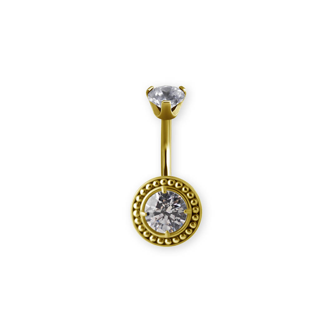 24K GOLD PVD SS316L BELLY BANANA SET W. HERITAGE 120 FACETS PREMIUM ZIRCONIA