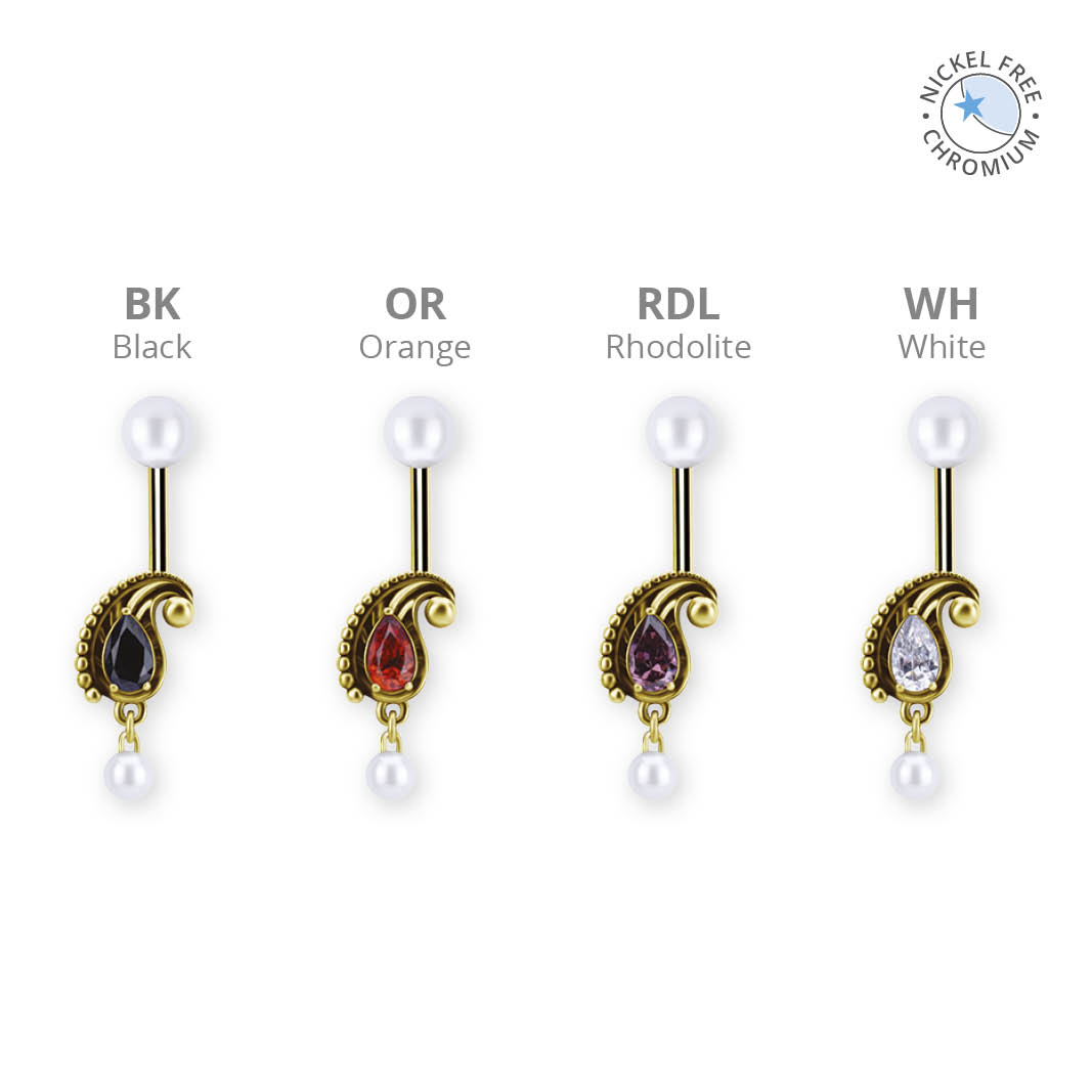 18K GOLD PVD CoCr NF TITANIUM INTERNAL VERTICAL HELIX SET W. PREMIUM ZIRCONIA & FRESH WATER PEARL BALL