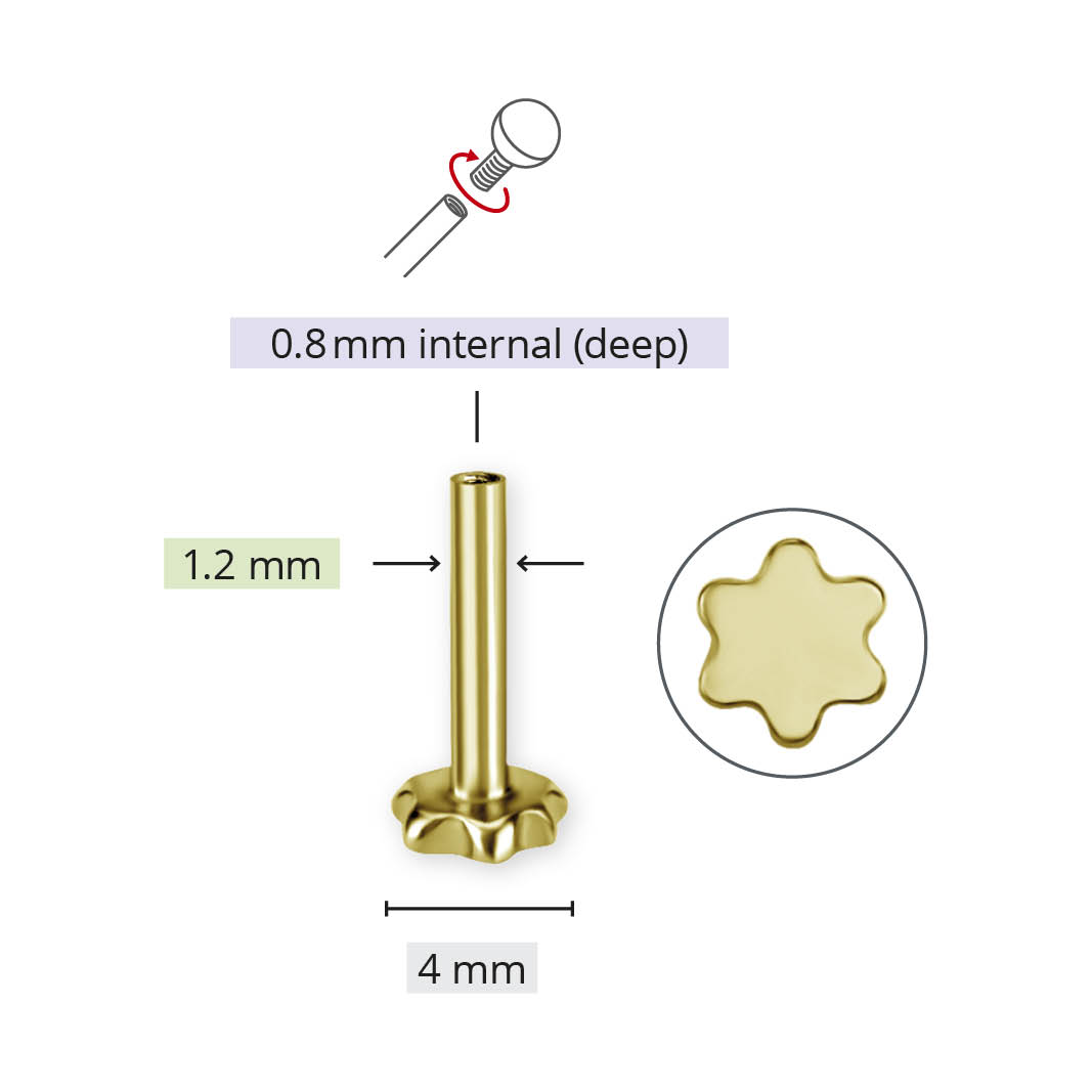 18K GOLD PVD TITANIUM DEEP INTERNAL LABRET PINS W. FLOWER PLATE