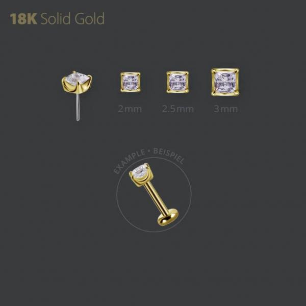 18K GOLD THREADLESS ATTACHMENT SET W. PRINCESS CUT PREMIUM ZIRCONIA
