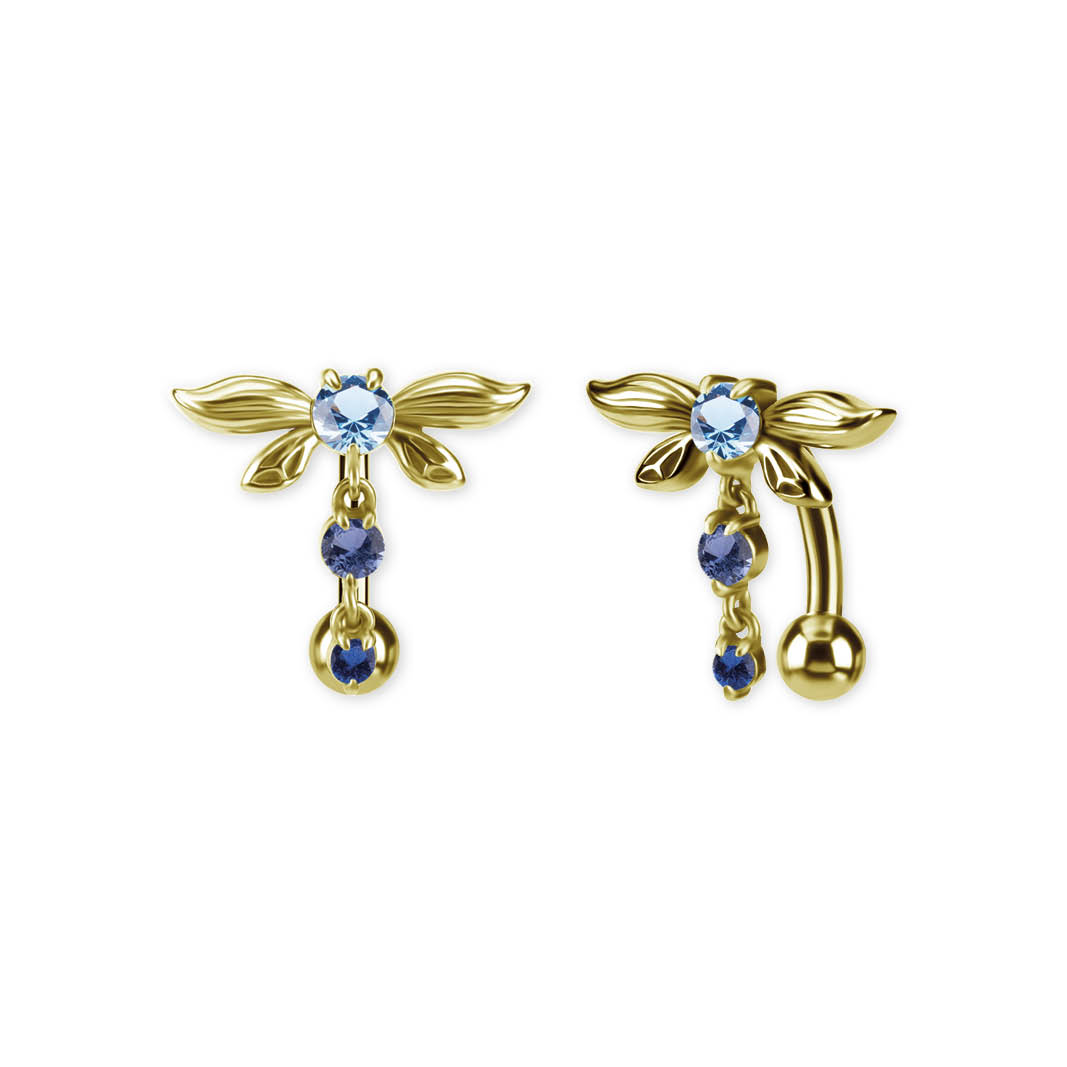 24K GOLD PVD SS316L BELLY BANANA SET W. PREMIUM NANO GEMS AND ROUND DROP DANGLES
