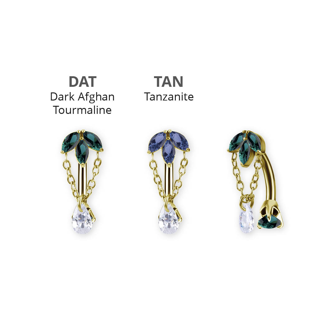 24K GOLD PVD SS316L DOUBLE JEEWELLED BELLY BANANA SET W. PREMIUM NANO GEMS AND PEAR DROP DANGLES