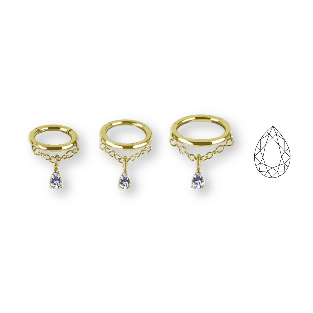 24K GOLD PVD SS316L CLICKER W. PEAR SHAPE PREMIUM ZIRCONIA DANGLE