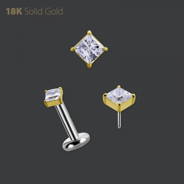 18K GOLD THREADLESS MICRO ATTACHMENT SET W. PRINCESS CUT PREMIUM ZIRCONIA