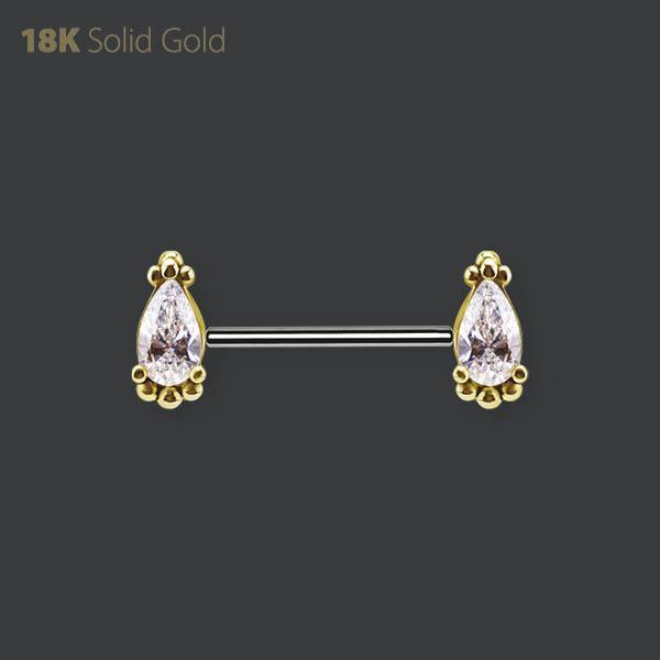 18K GOLD AND TITANIUM THREADLESS NIPPLE BARBEL SET WITH PREMIUM ZIRCONIA