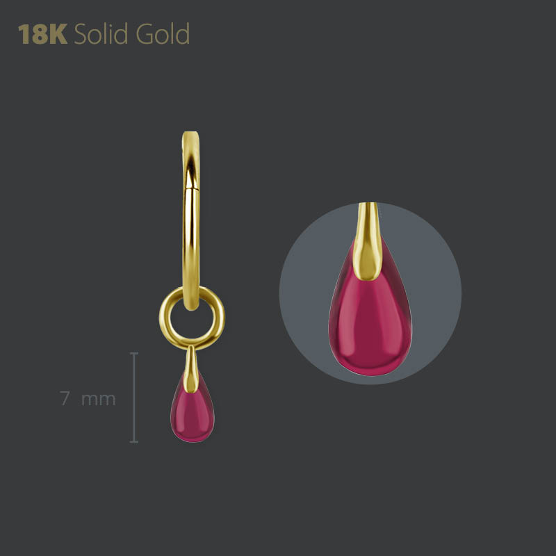 18K GOLD CHARM SET W. PEAR SHAPE LAB CREATED RUBY DROPLET