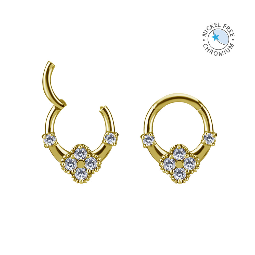 18K GOLD PVD CoCr NF FLOWER HINGED RING SET W. PREMIUM ZIRCONIA