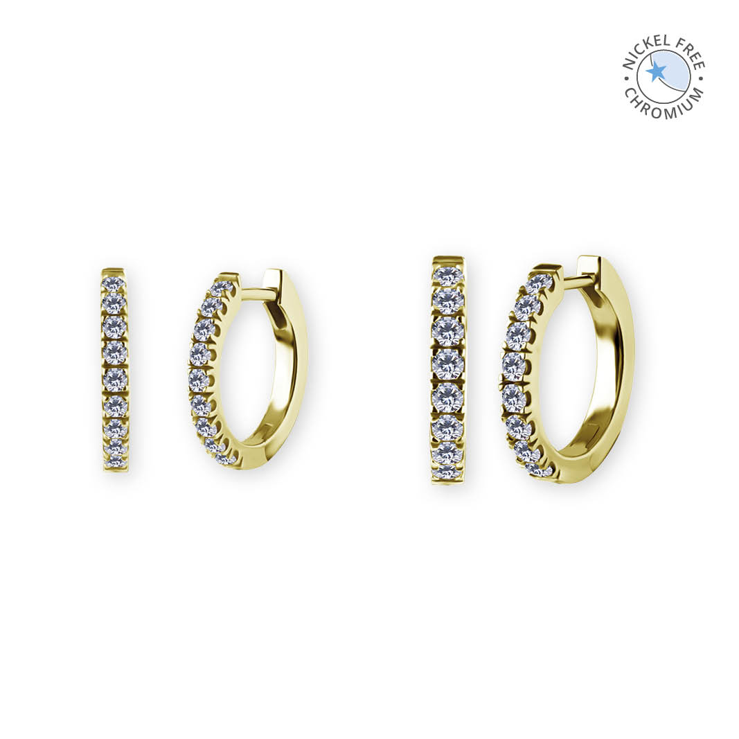 18K GOLD PVD CoCr NF HINGED EAR HOOPS SET W. PREMIUM ZIRCONIA