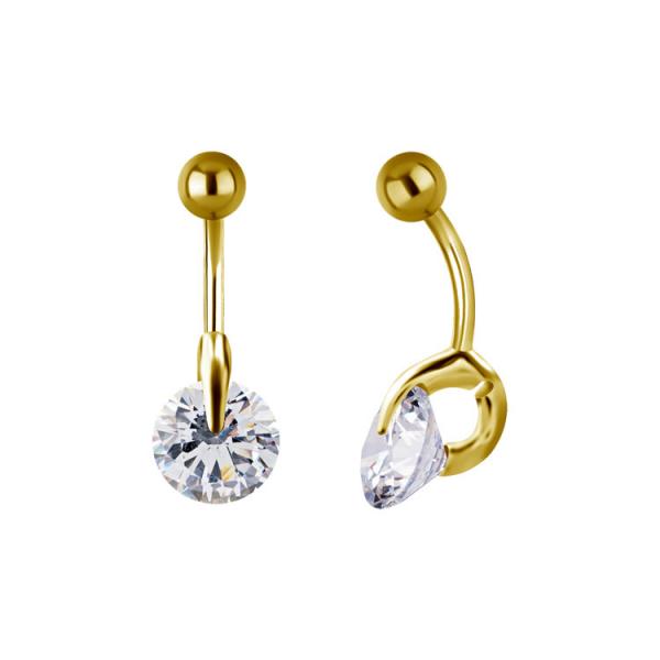 24K GOLD PVD SS316L BELLY BANANA W. SOLITAIRE ROUND SETTING CUBIC ZIRCONIA