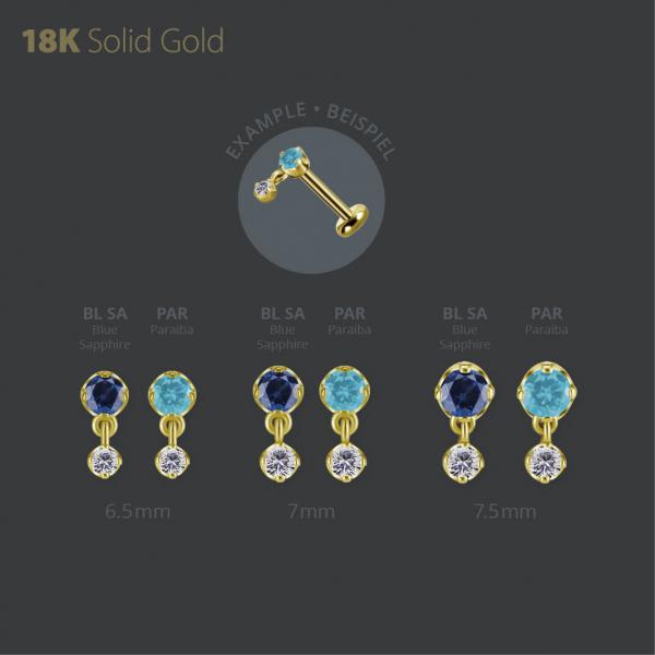 18K GOLD THREADLESS ATTACHMENT W. DANGLE SET W. LAB CREATED GEMSTONE