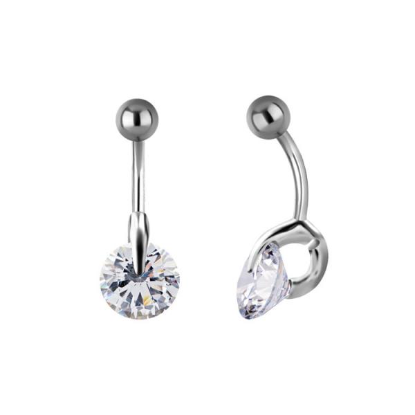 SS316L BELLY BANANA W. SOLITAIRE ROUND SETTING CUBIC ZIRCONIA