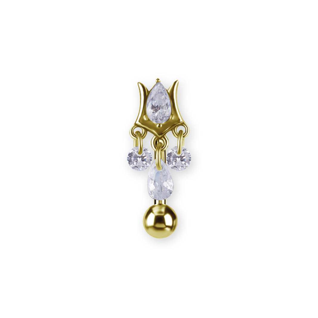 24K GOLD PVD SS316L BELLY BANANA SET W. CUBIC ZIRCONIA AND PEAR DROP DANGLE