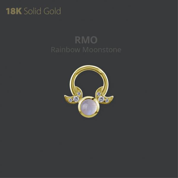 18K GOLD DAITH & SEPTUM CLICKER SET W. GENUINE RAINBOW MOONSTONE AND WHITE TOPAZ