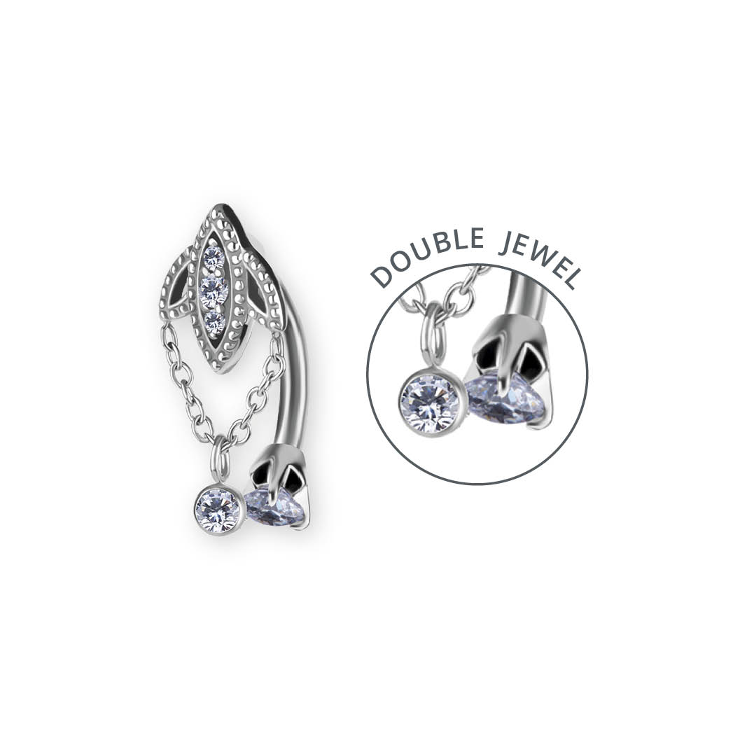 SS316L DOUBLE JEWELLED BELLY BANANA SET W. PREMIUM ZIRCONIA AND CHAIN