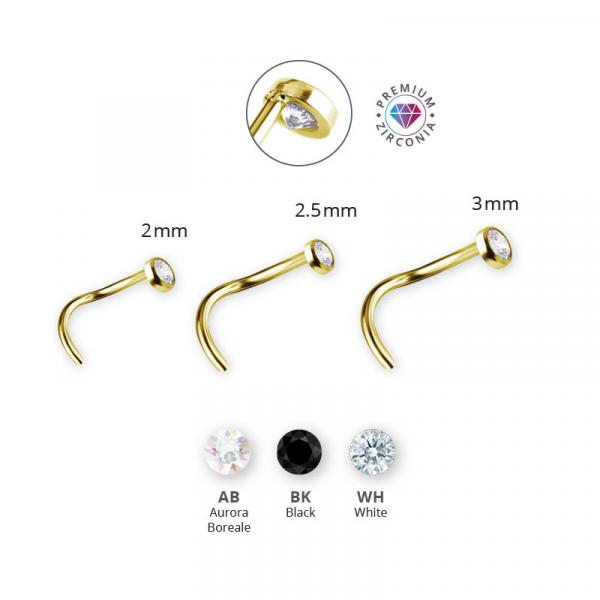 24K GOLD PVD TITANIUM CURVED DISC NOSE STUDS SET W. PREMIUM ZIRCONIA