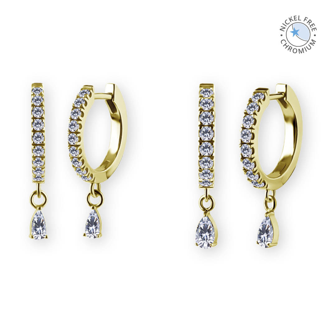 18K GOLD PVD CoCr NF HINGED EAR HOOPS SET W. PREMIUM ZIRCONIA