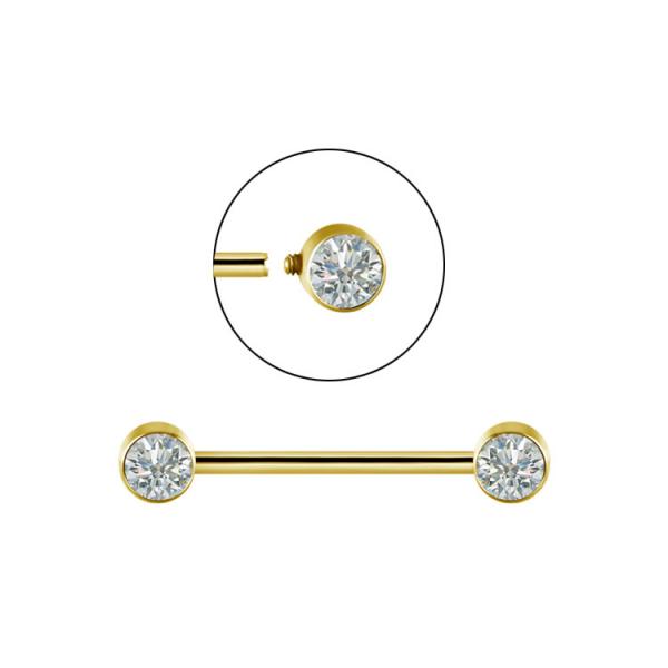 24K GOLD PVD TITANIUM JEWELLED INTERNAL NIPPLE BARBELL SET WITH PREMIUM ZIRCONIA