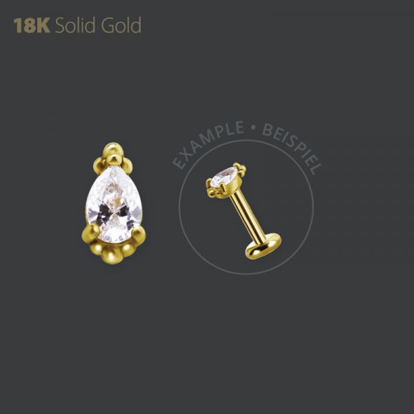 18K GOLD THREADLESS NOSE STUD ATTACHMENT SET W. PEAR SHAPE PREMIUM ZIRCONIA