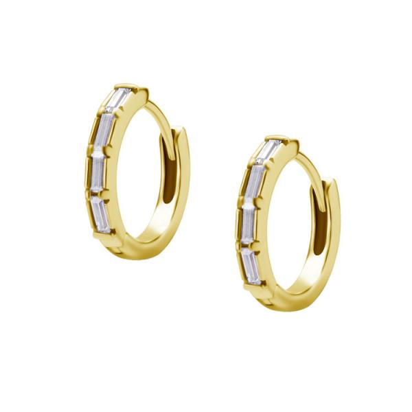 24K GOLD PVD SS316L EARHOOPS SET W. BAGUETTE CUBIC ZIRCONIA (PAIR)