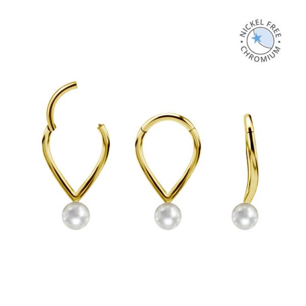 18K GOLD PVD CoCr NF PLAIN "V" SHAPED CLICKER W. GENUINE FRESH WATER PEARL