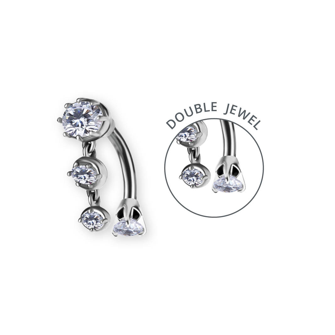 SS316L BELLY BANANA SET W. DOUBLE JEWELED AND DROP DANGLES