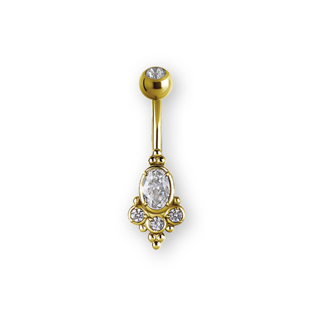 24K GOLD PVD SS316L JEWELLED TRIBAL BELLY BANANA W. CRYSTAL