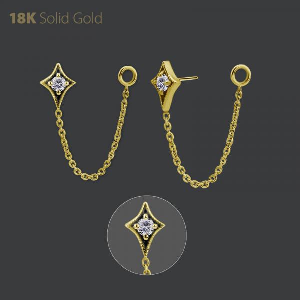18K GOLD THREADLESS  ATTACHMENT W. CHAIN SET W. PREMIUM ZIRCONIA